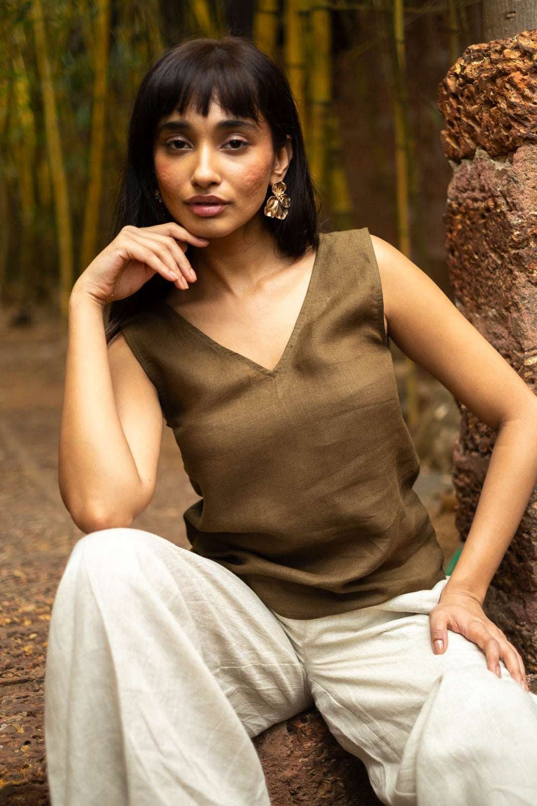 Women's Cotton Solid V Neck Sleeveless 2 Piece Outfit Loose Tank Top and Wide Leg Palazzo Pants Sets cord set ( Brown Beige ) - Image 4
